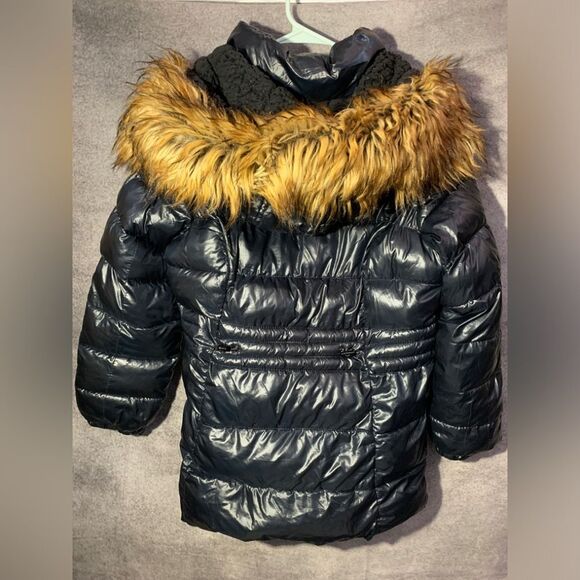 Madden Girl Shinny Puffer Jacket Women Navy Fur Hooded Winter Coat Size Medium - Picture 7 of 8